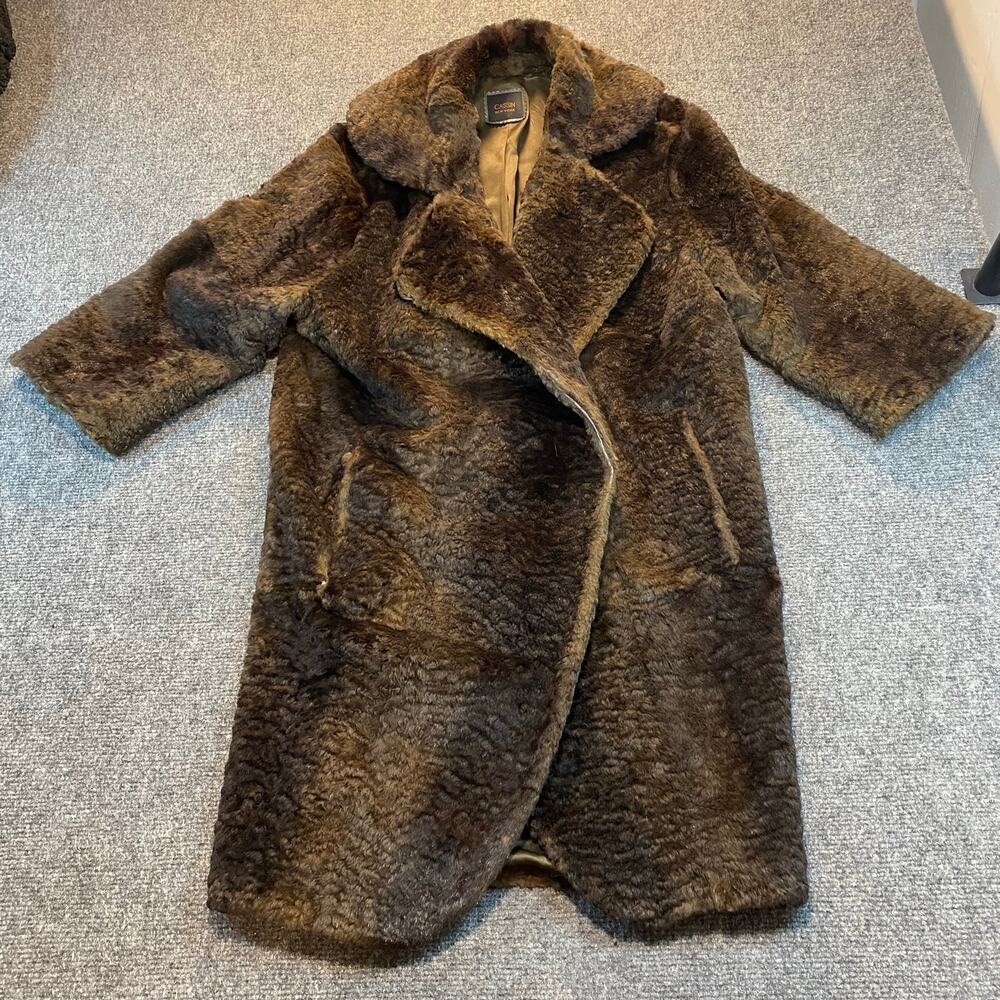 Cassin New York Brown Faux Fur Coat Notch Collar Warm Winter Mid Length Plush S